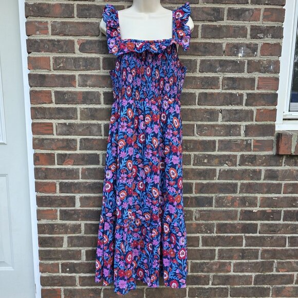 Vineyard Vines Tisbury Floral Smocked Midi Dress Size M Blue Pink Preppy Boho - Picture 1 of 6